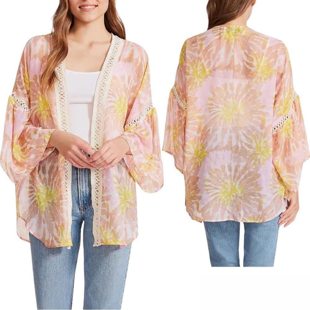 Steve Madden Chiffon Tie Dye Kimono Crochet Trim Pink Multi OSFM
